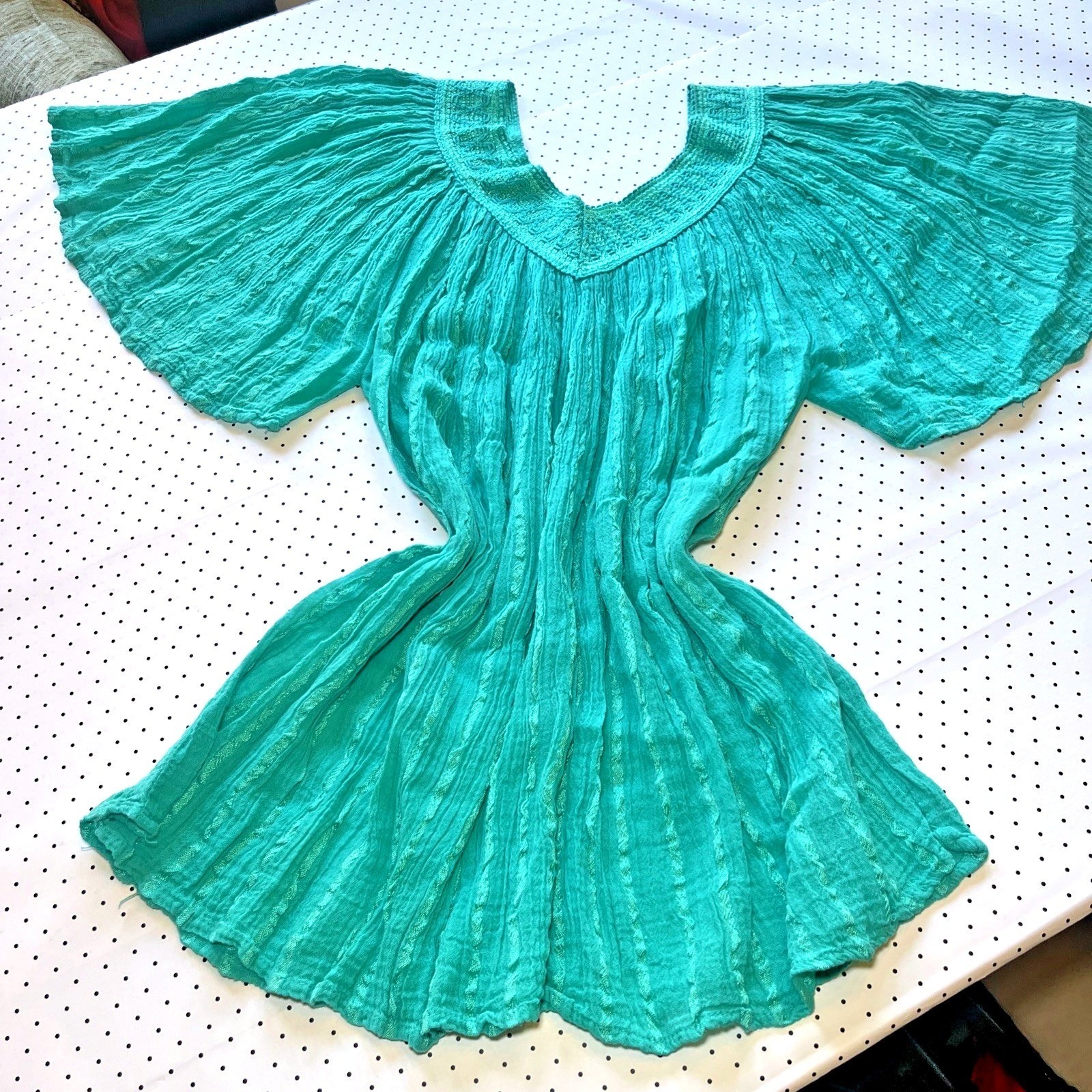 Mamouzakis Lagoon Green Crinkle Gauze Tunic Boho Beach Peasant Top