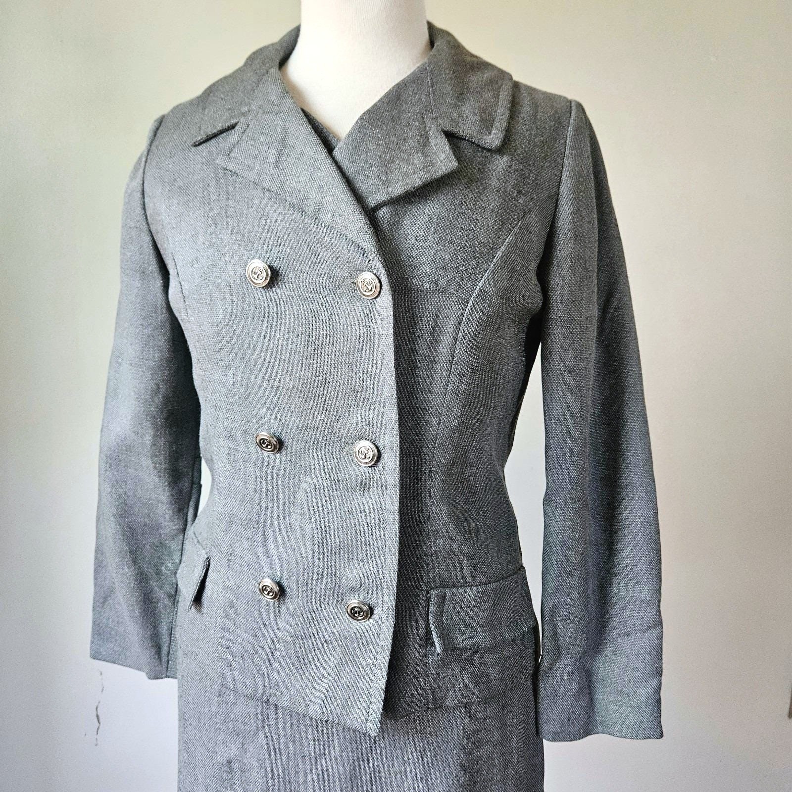 Vintage 1960s 3 Piece Skirt Vest Suit Gray Wool Secretary Mod Mad Men Small