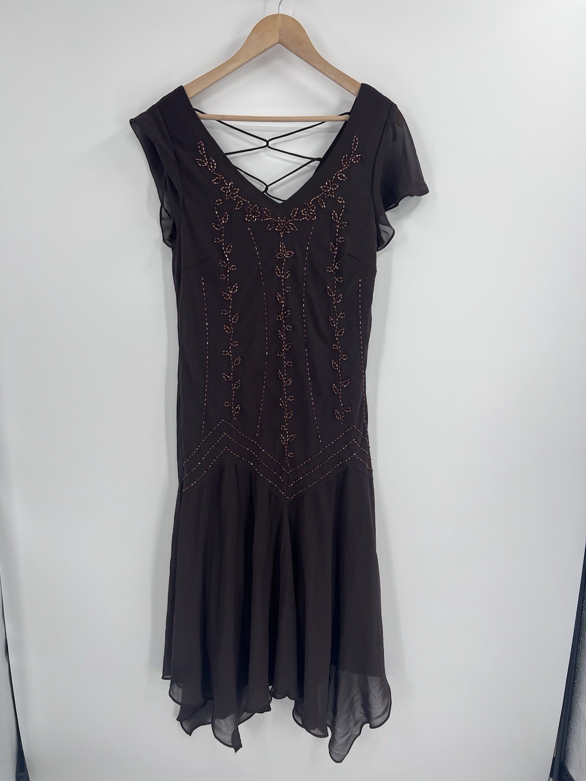 S.L. Fashions Chocolate Brown 90s Beaded Drop Waist Flowy Skirt Dress S/M
