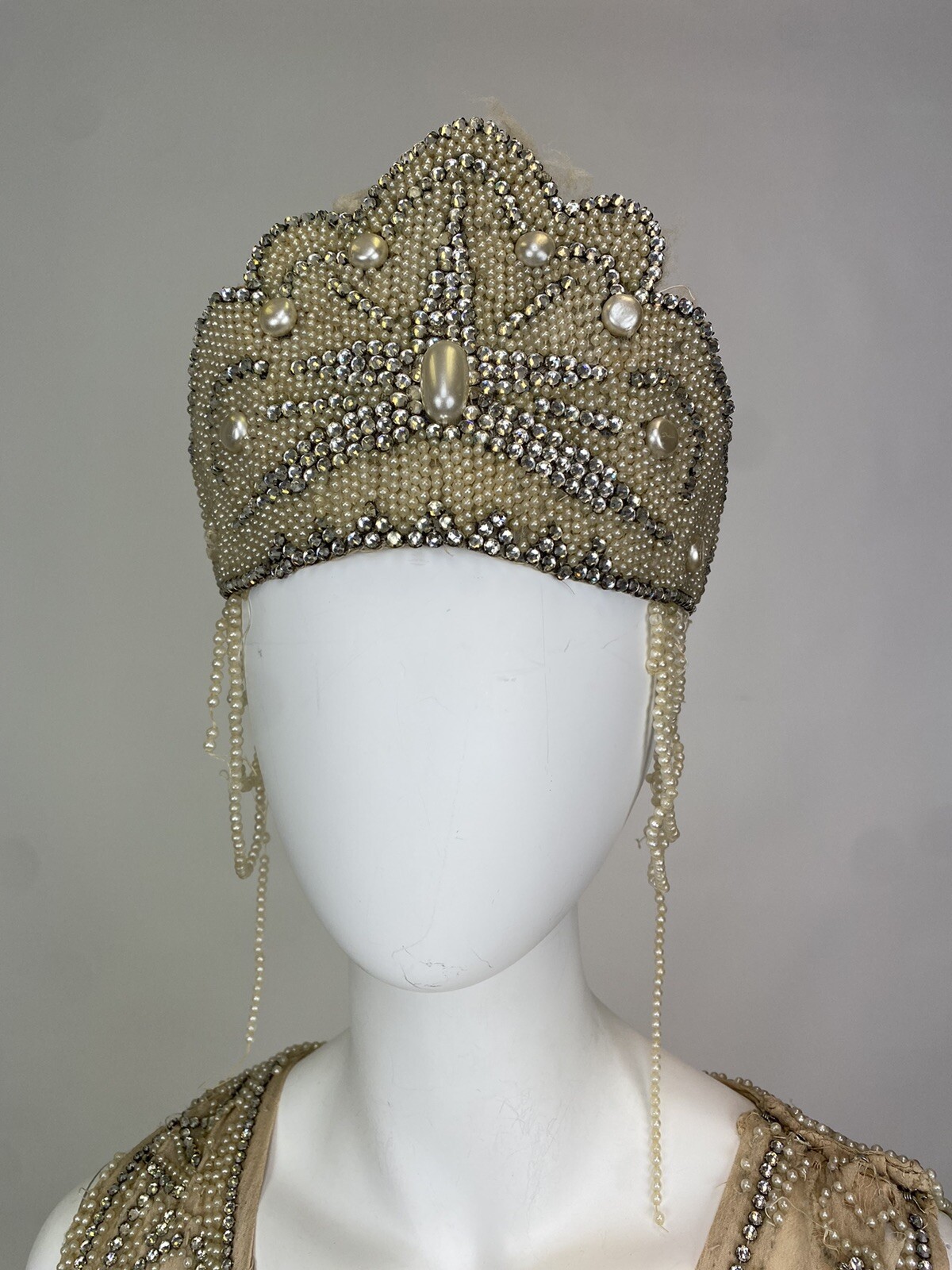 Real Antique 1920s Flapper Wedding Gown Train Headpiece Pearls Rhinestones