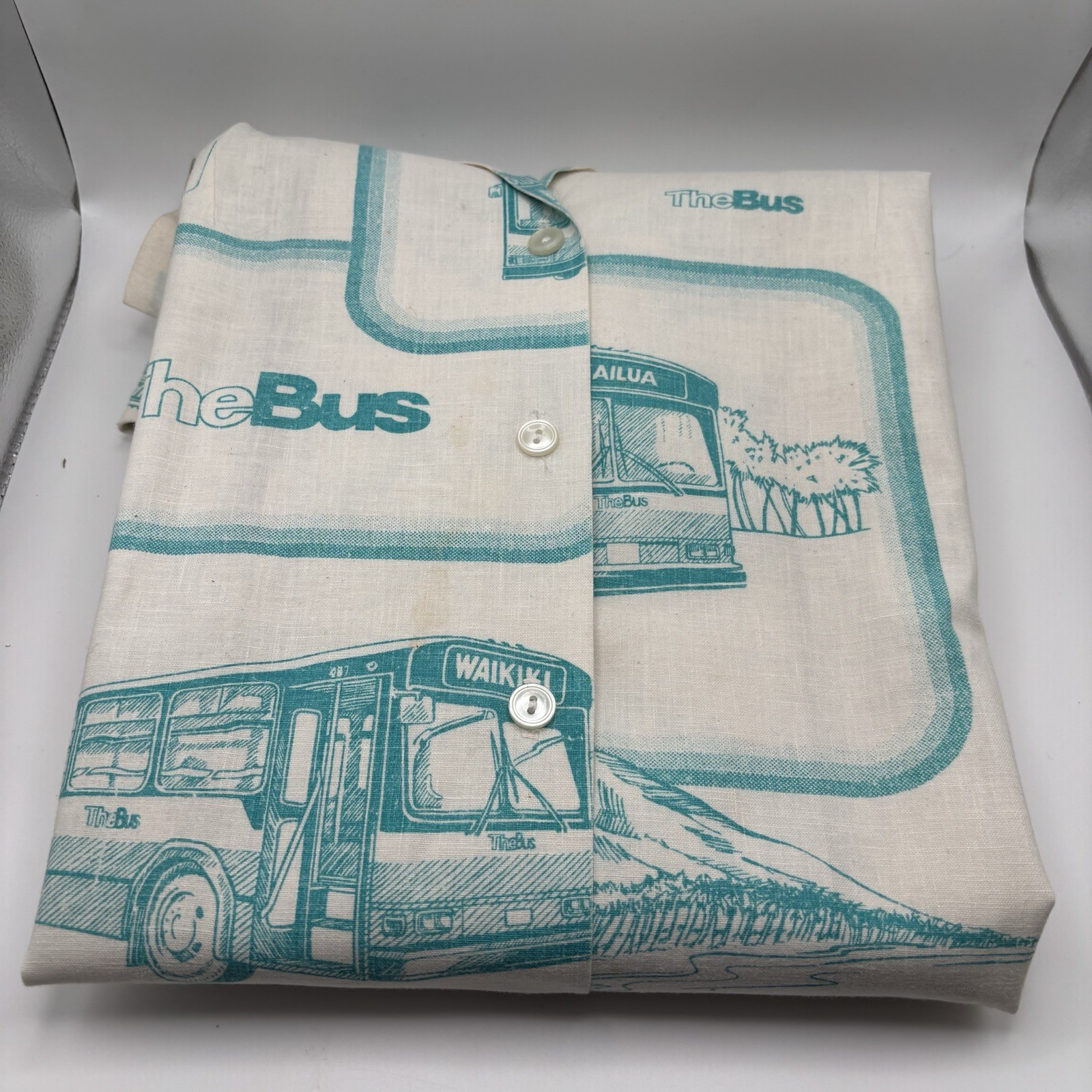 Vintage Hawaiian Aloha TheBus Bus Driver Uniform Shirt White Teal Size 14