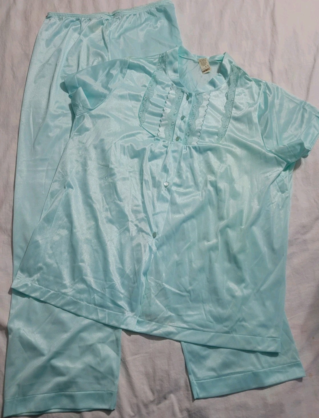 Vtg Pajama Set Aqua Blue Montgomery Ward 40/42 100% Nylon Button Up Lace NOS
