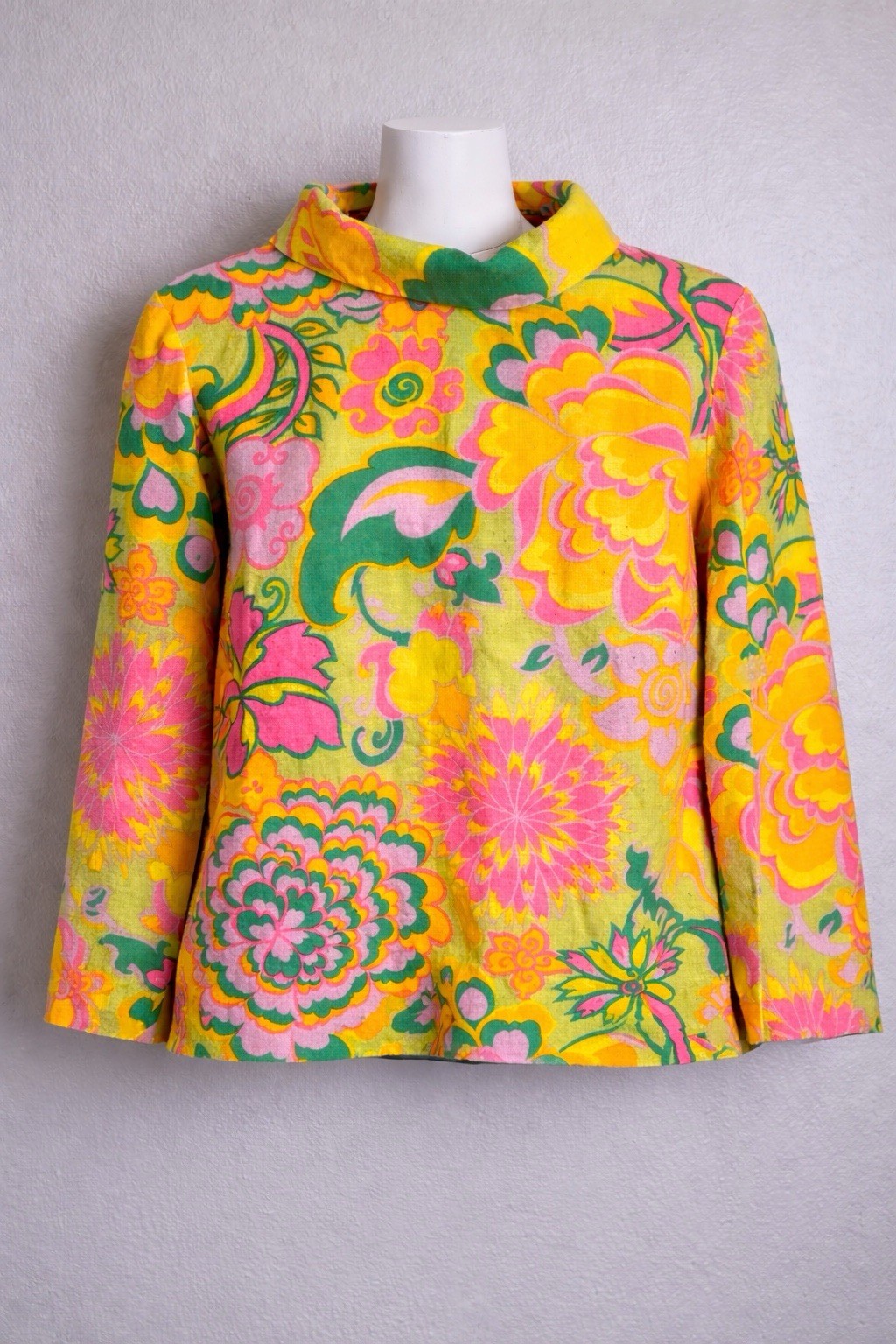 Queens Casual 60’s VTG Mod Psychedelic Floral Cotton Lawn Mock Top Boxy L? NoTag