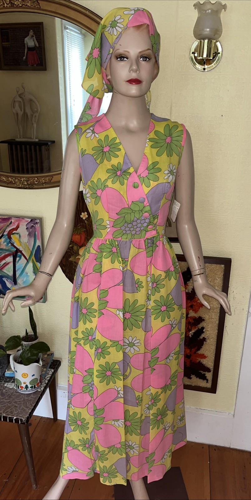 Vintage 60s 70s NOS psychedelic Mod Neon Floral Maxi Dress 2 Piece Head wrap