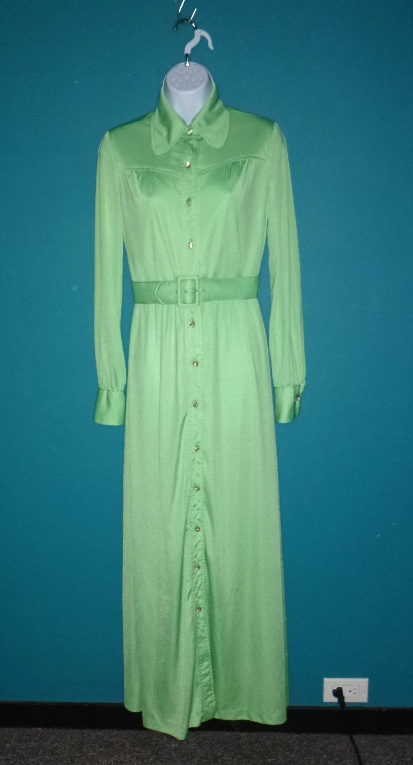 Vtg 70s Mint Green Qiana Nylon Knit Maxi Shirt Dress W/ Belt Long Sleeves Sz S/M