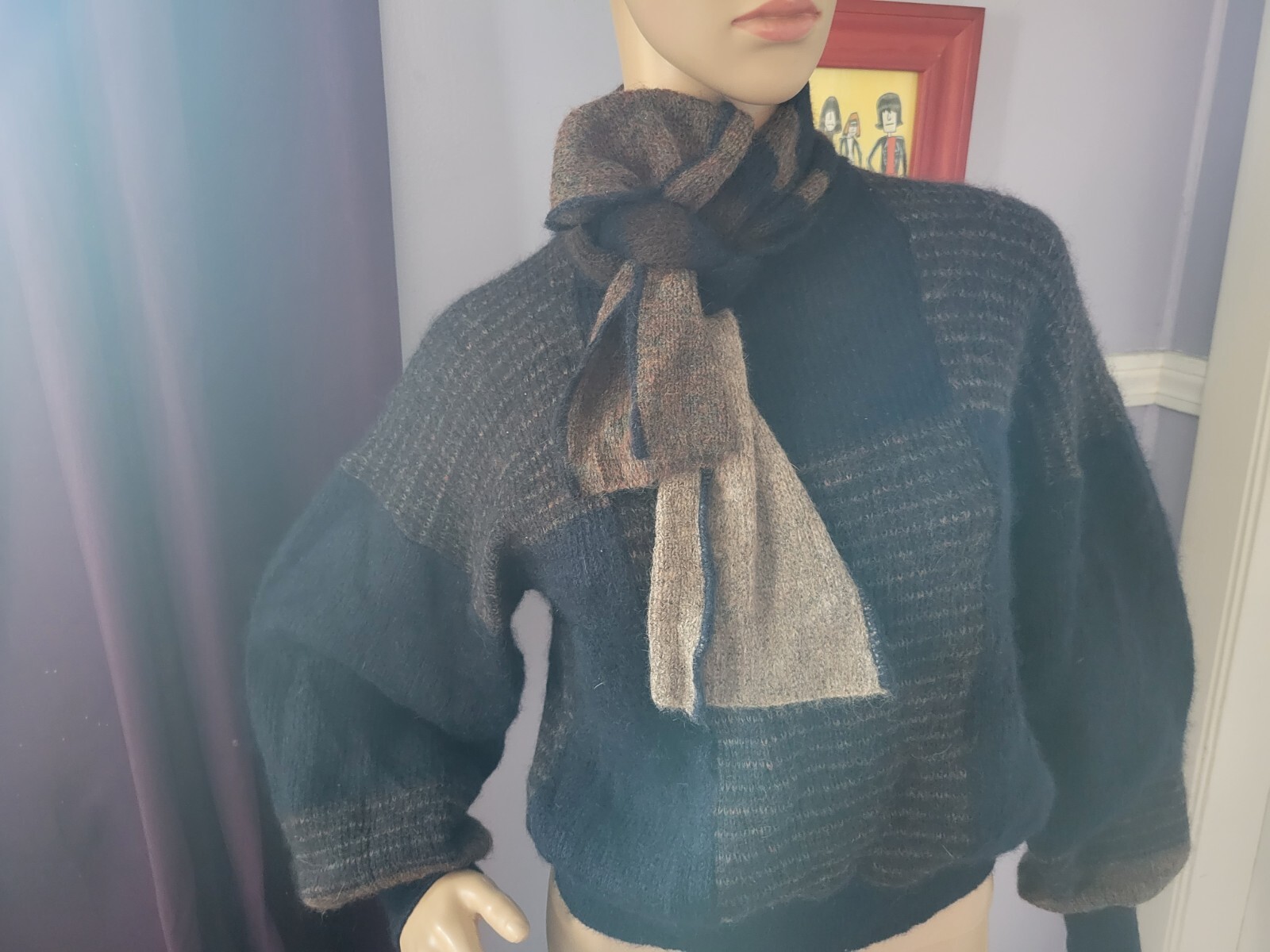 RARE 80s Kay Cosserat UK Wool Knitted Lagenlook Bishop Sleeve W Scarf US Sz 10