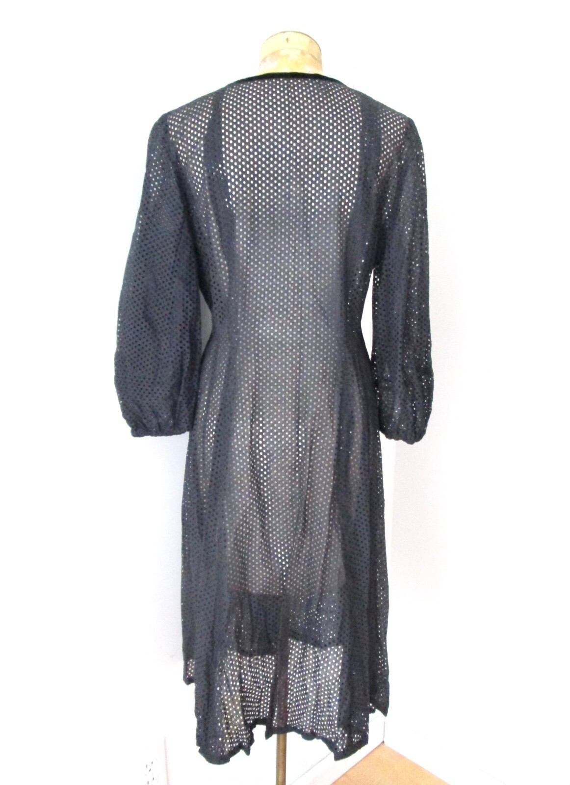 Antique 30s black cotton 2-pc dress top eyelet cutout dots lace velvet trim M