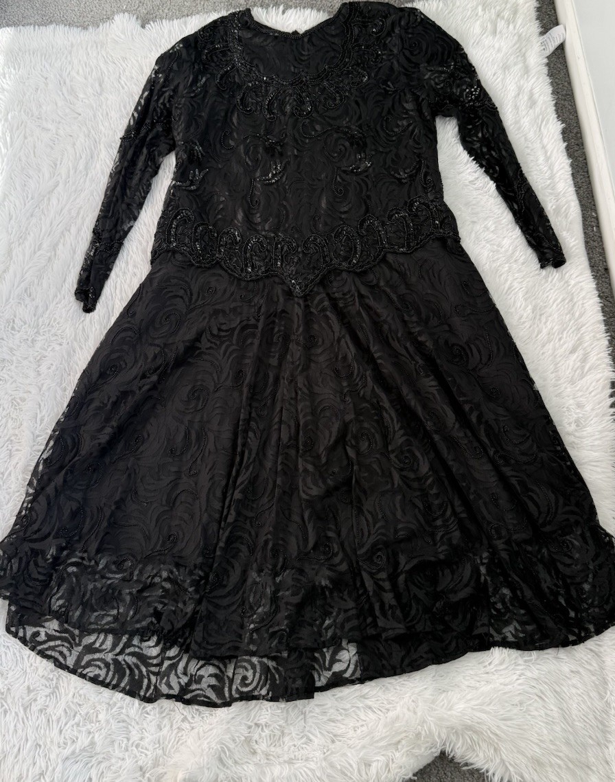 80s Gunit Black Beaded Lace Dress Long Sleeve Drop Waist Size 1X Made In India