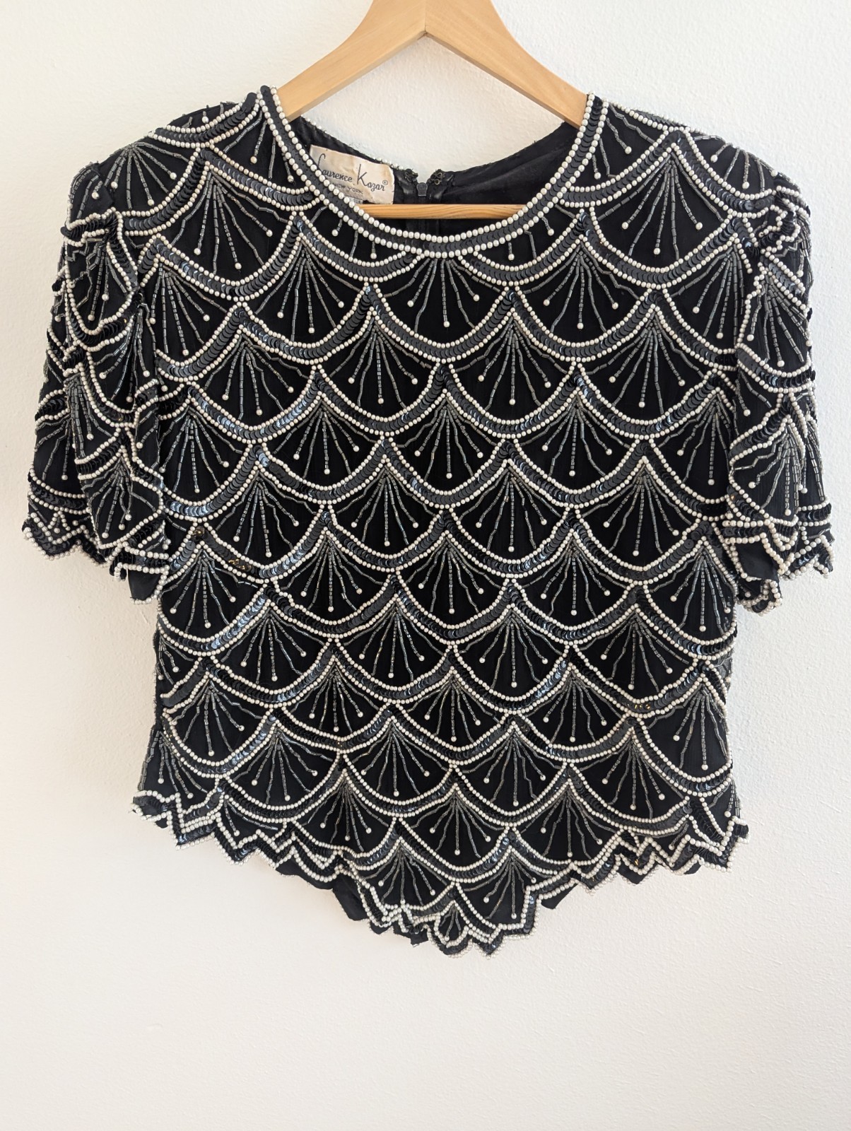 Vtg Lawrence Kazar Women’s Size Petite XL Top Evening Beaded Black Silk Blouse