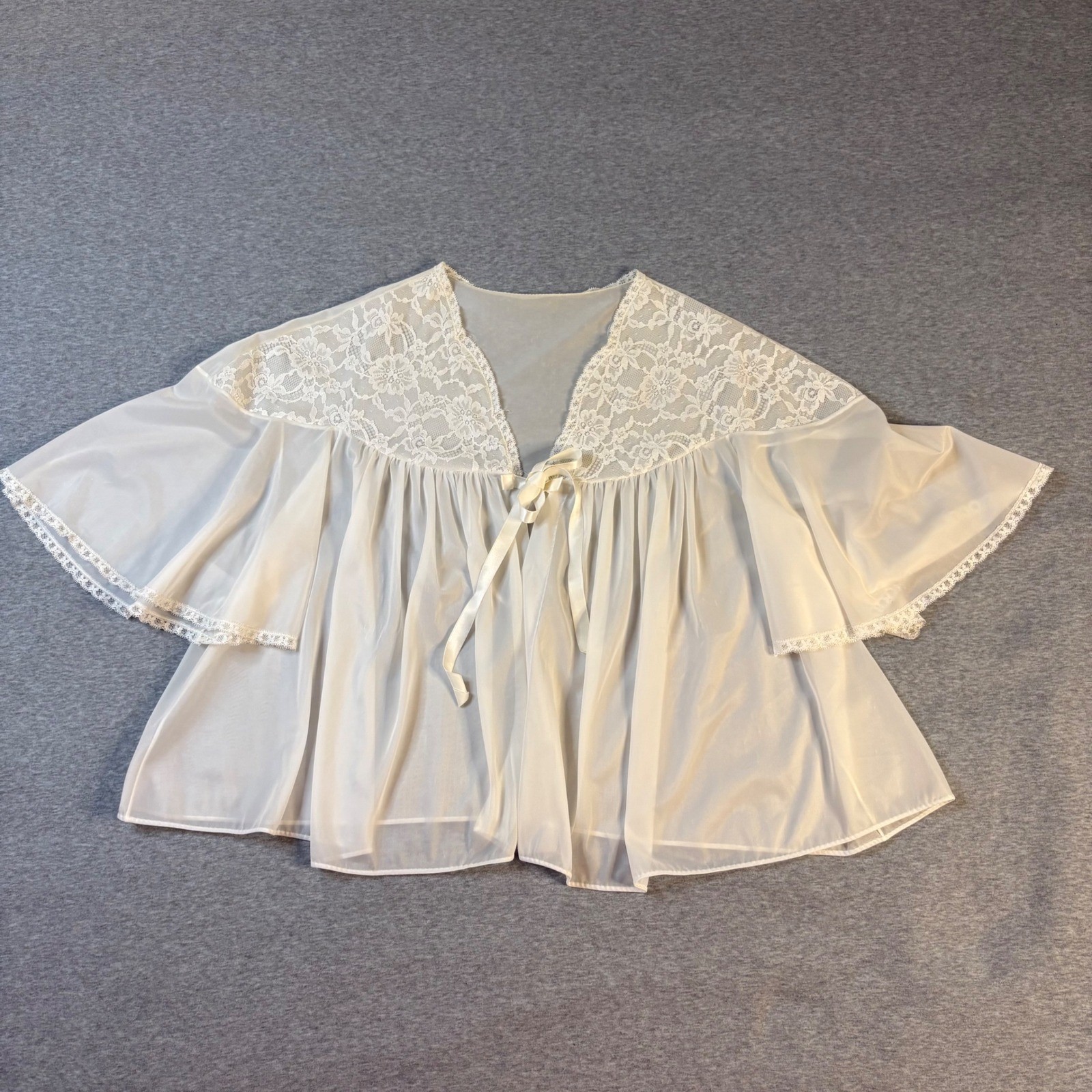 Vintage Vanity Fair White Lace Bed Jacket Sheer Nylon Tricot Ribbon Tie Large