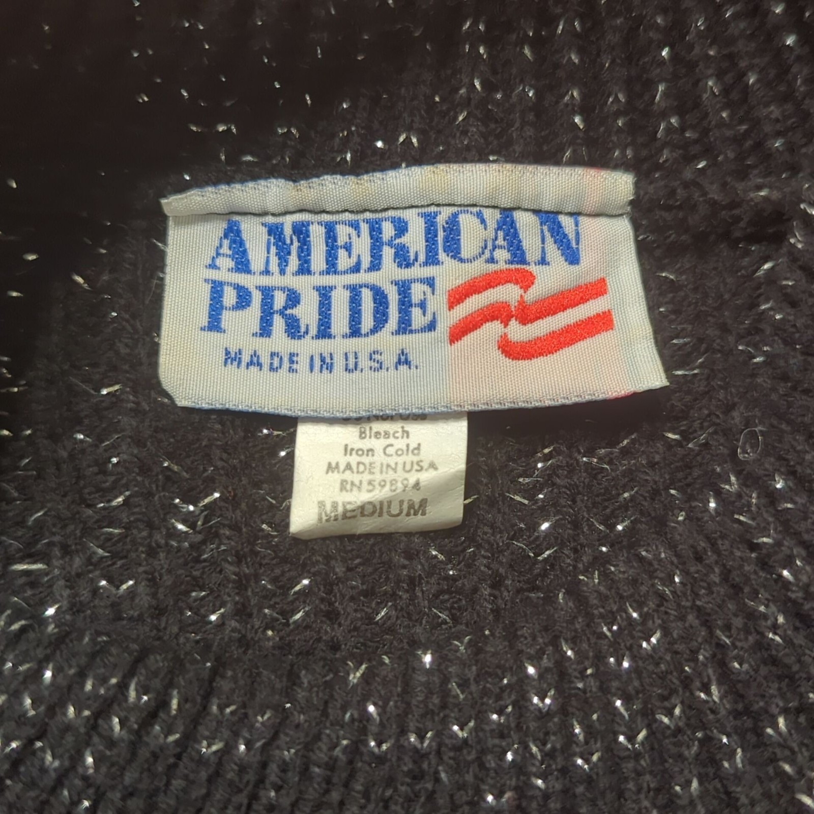 Vintage American Pride Sweater M Black Red Metallic Stripe Knit Pullover Retro