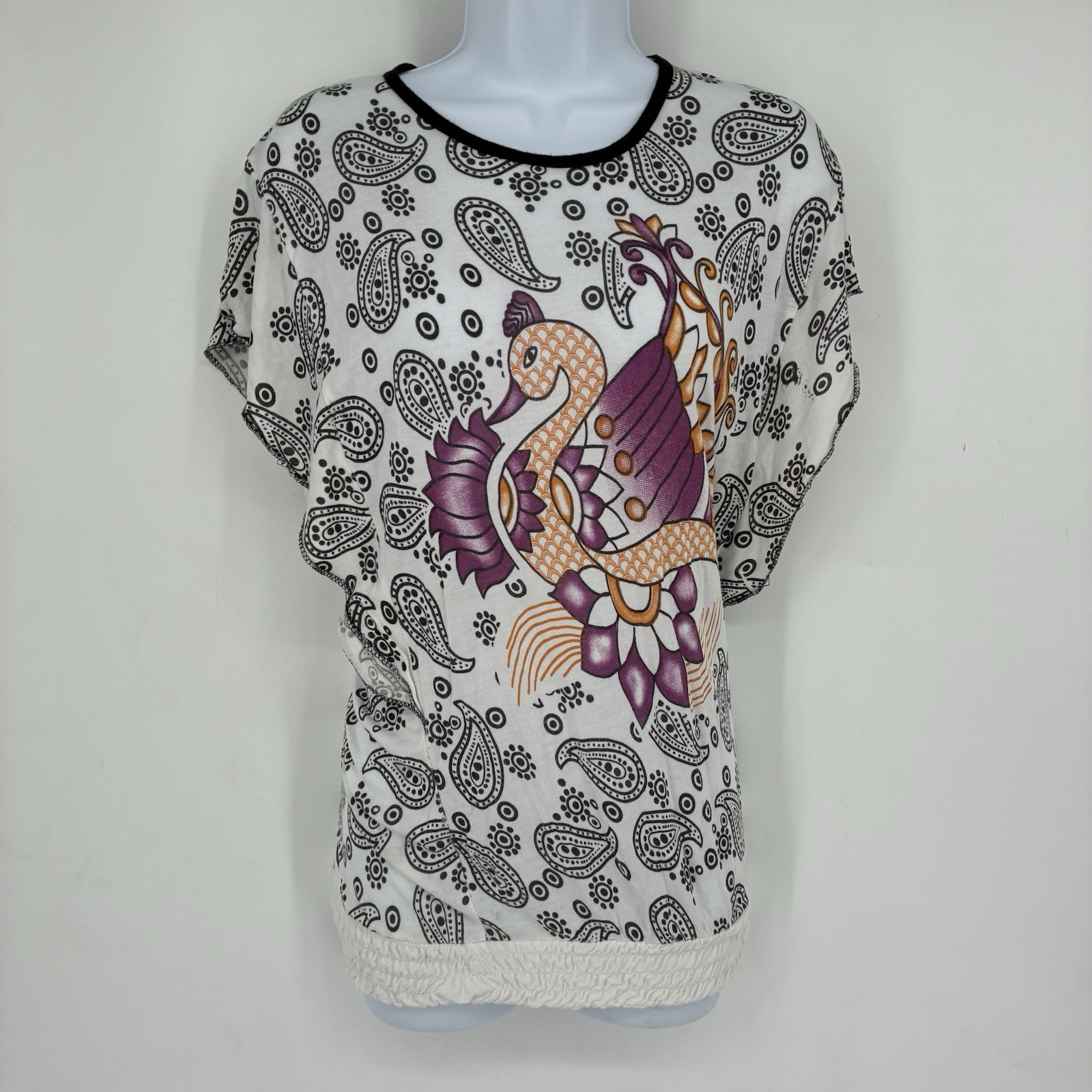 Vintage 90s Y2K Paisley Bird Top Shirt Baggy 2010 Asian Motif Retro Small Boho