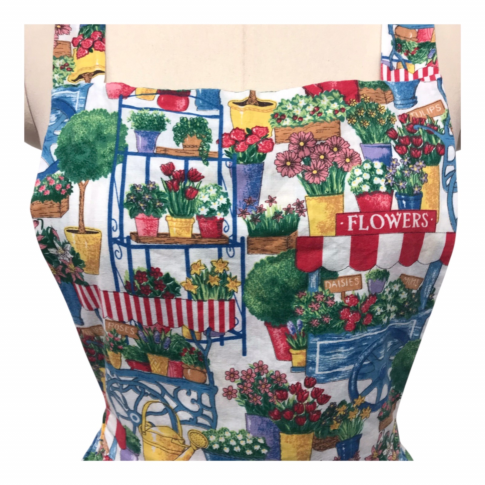 VTG Apron Dress Pinafore Mid Length Flower Garden Plants Pockets READ Sz L
