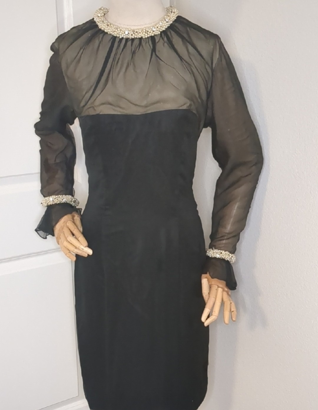 Vintage 60s Lilli Diamond Black Sheer Long Sleeve Wiggle Dress Pearl Beaded