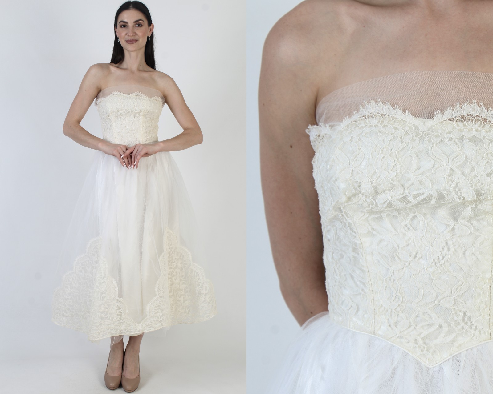 Vtg 50s Strapless Wedding Gown Cream Victorian Lace Bridal Cupcake MCM Gown