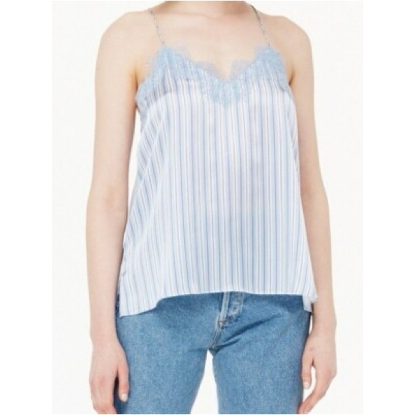 Cami NYC The Racer 100% Silk Lace Trim Camisole Blue & White Pinstripe MD