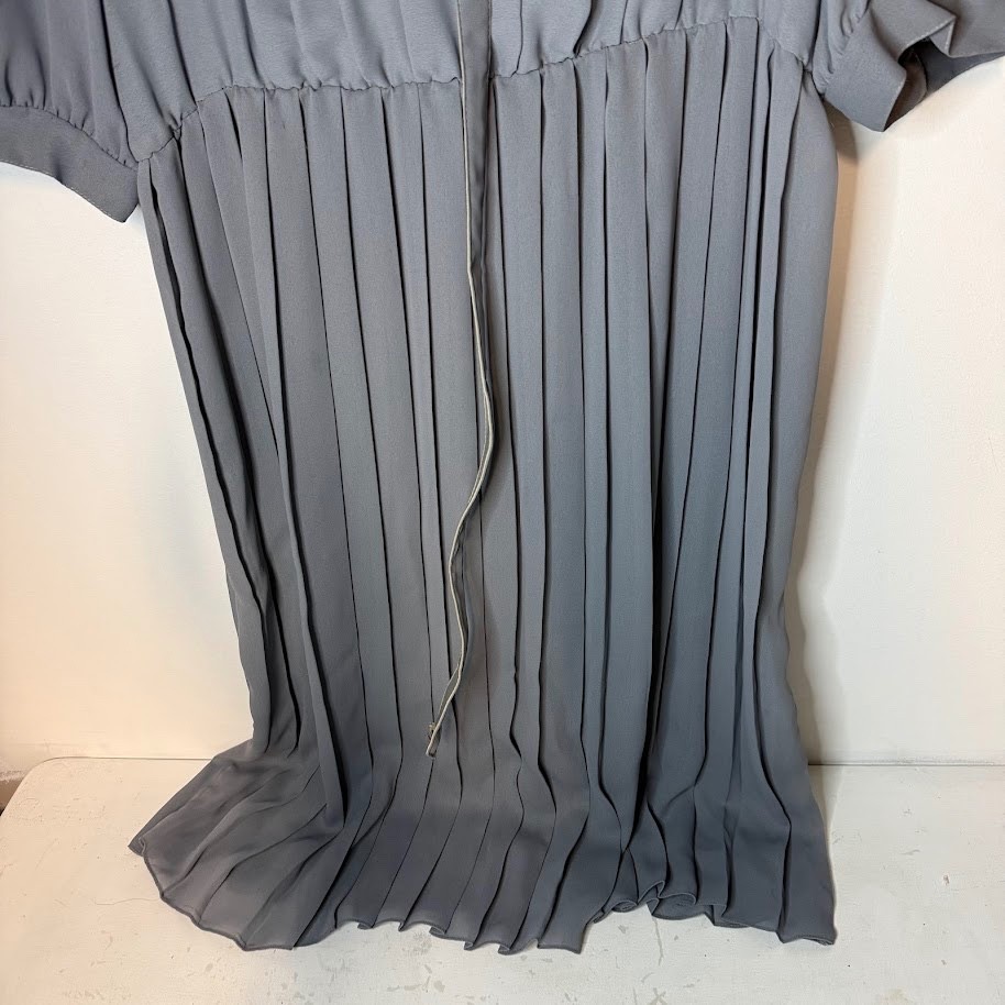 VTG Gray Pleated Dress Peter Pan Collar Black Bow 80s Womens M/L Whimsigoth Goth