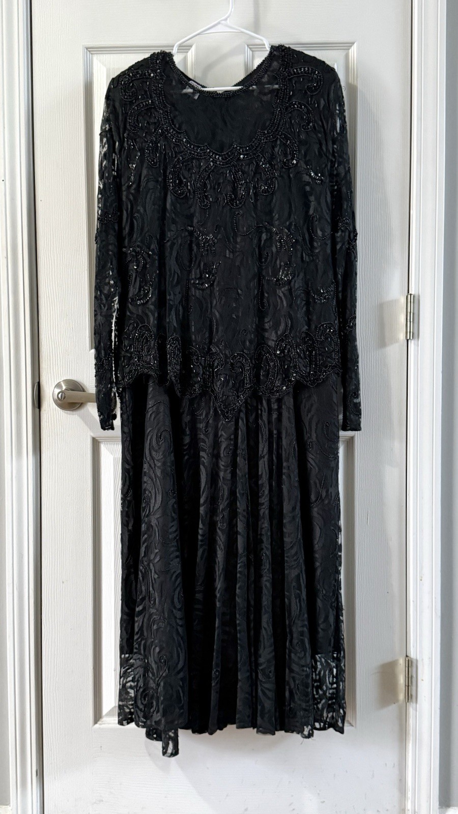 80s Gunit Black Beaded Lace Dress Long Sleeve Drop Waist Size 1X Made In India