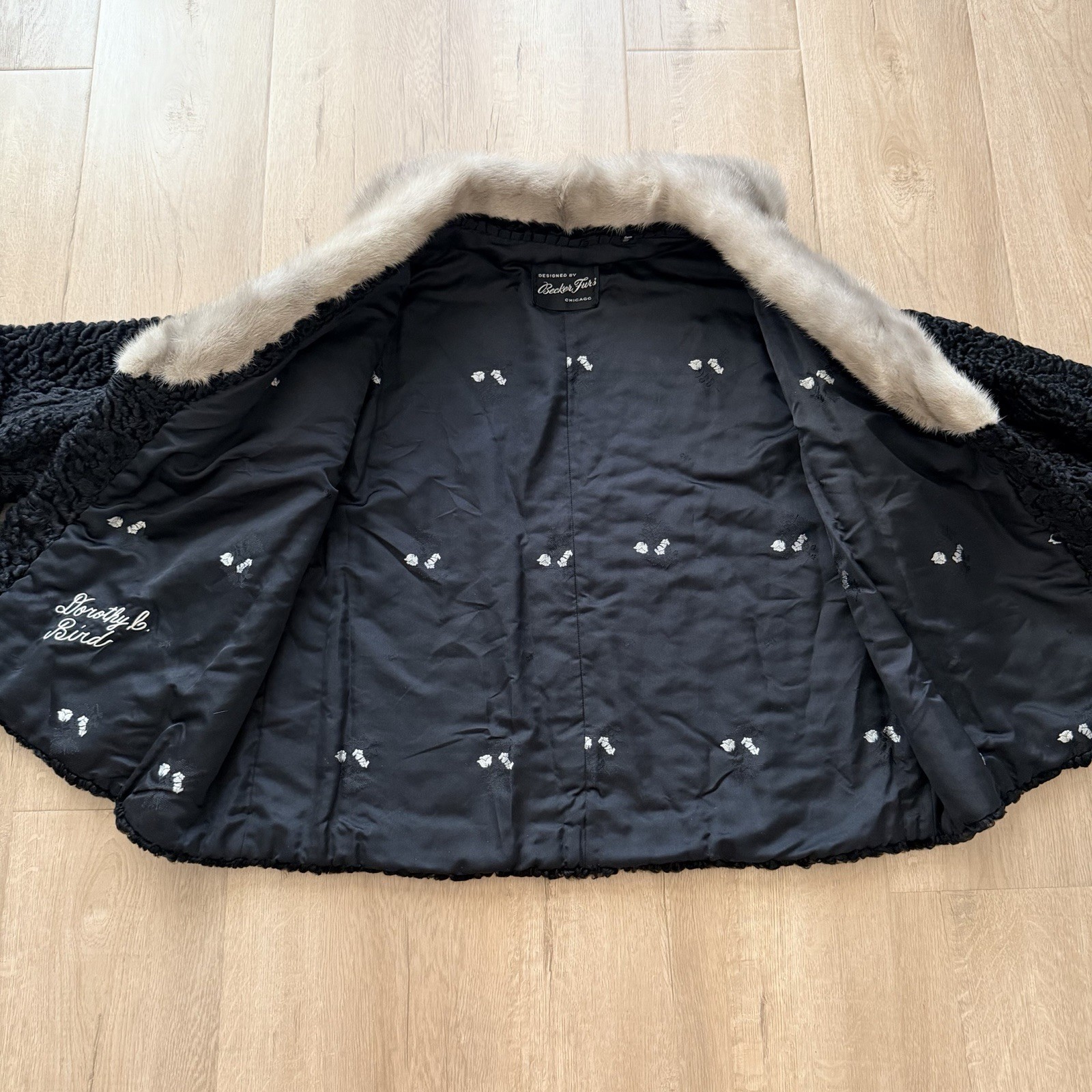 Vtg Persian Lamb Black Fur Jacket With Silver Mink Collar Short Coat Jacket M/L