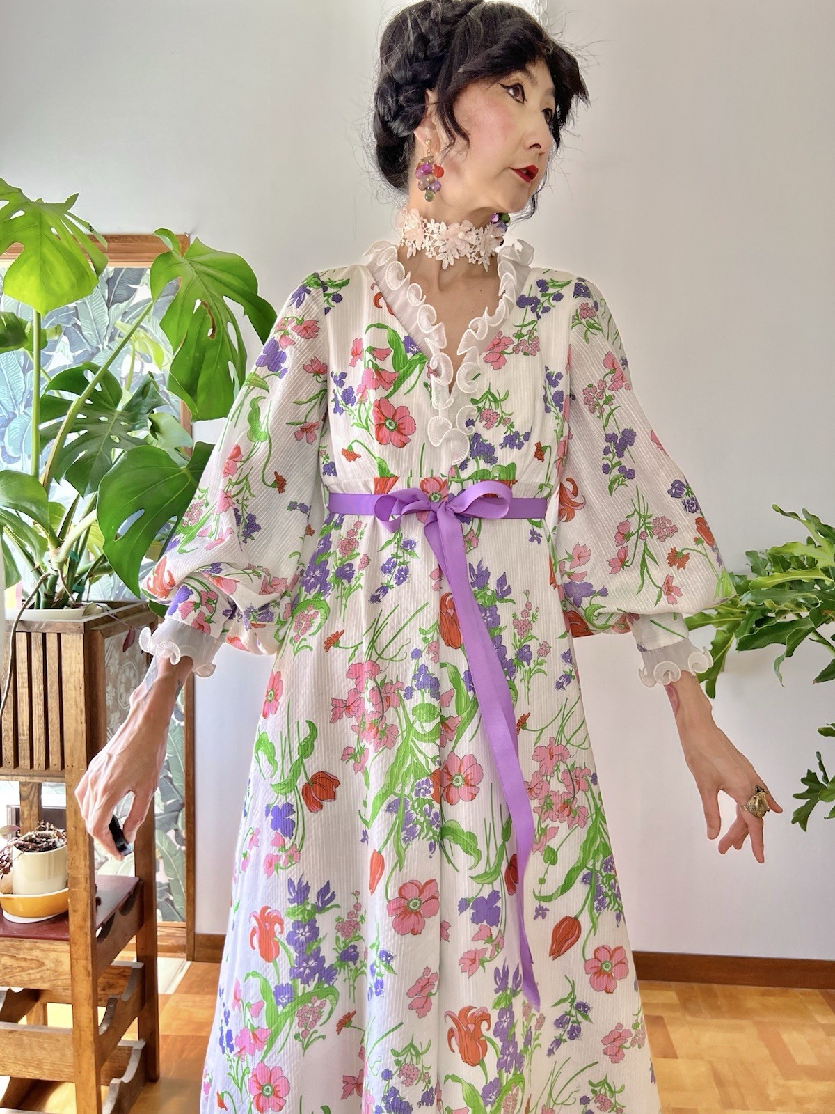 VTG 70s Hawaiian Floral Prairie Maxi Dress Balloon Sleeve Boho Cottagecore XS S