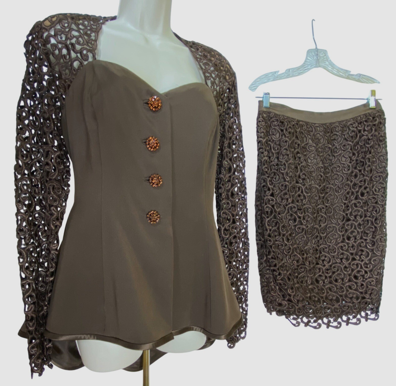 Vintage Brown Lace Skirt Jacket Suit Set Rhinestone Buttons Small Pinup Classic