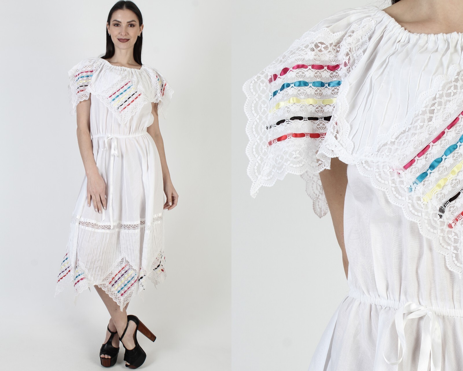 Vintage White Pintuck Mexican Dress Off Shoulder Fiesta Waitress Asym Hem Midi M