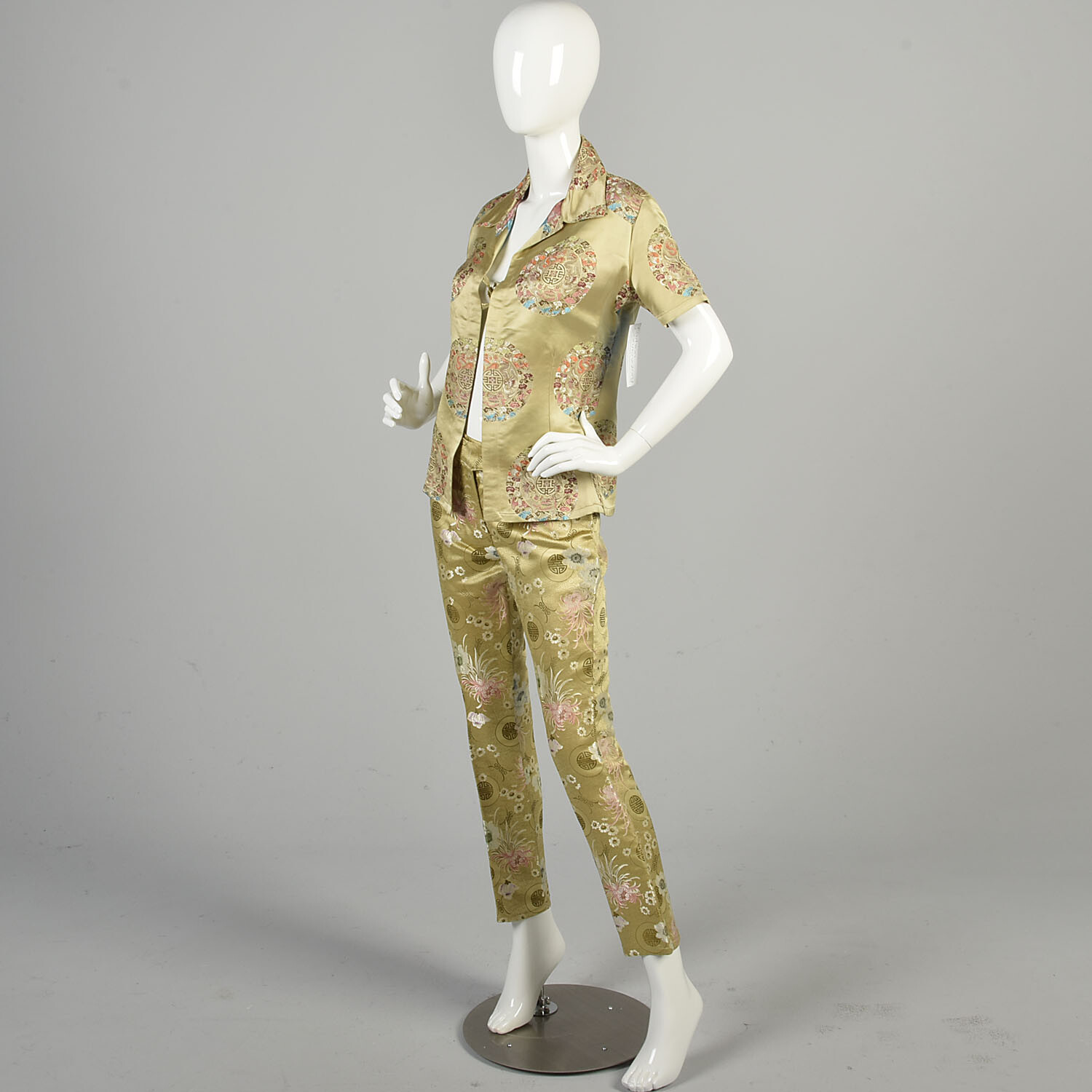 Medium 1990s Gold Embroidered Two Piece Matching Set Floral Blouse and Pants