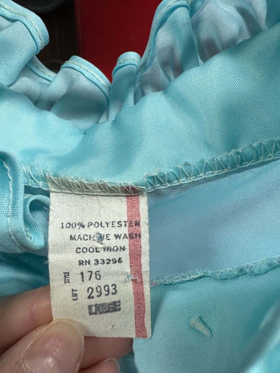 Vintage 1970s Baby Blue Polyester Ruffle Neck Embroidered Blouse