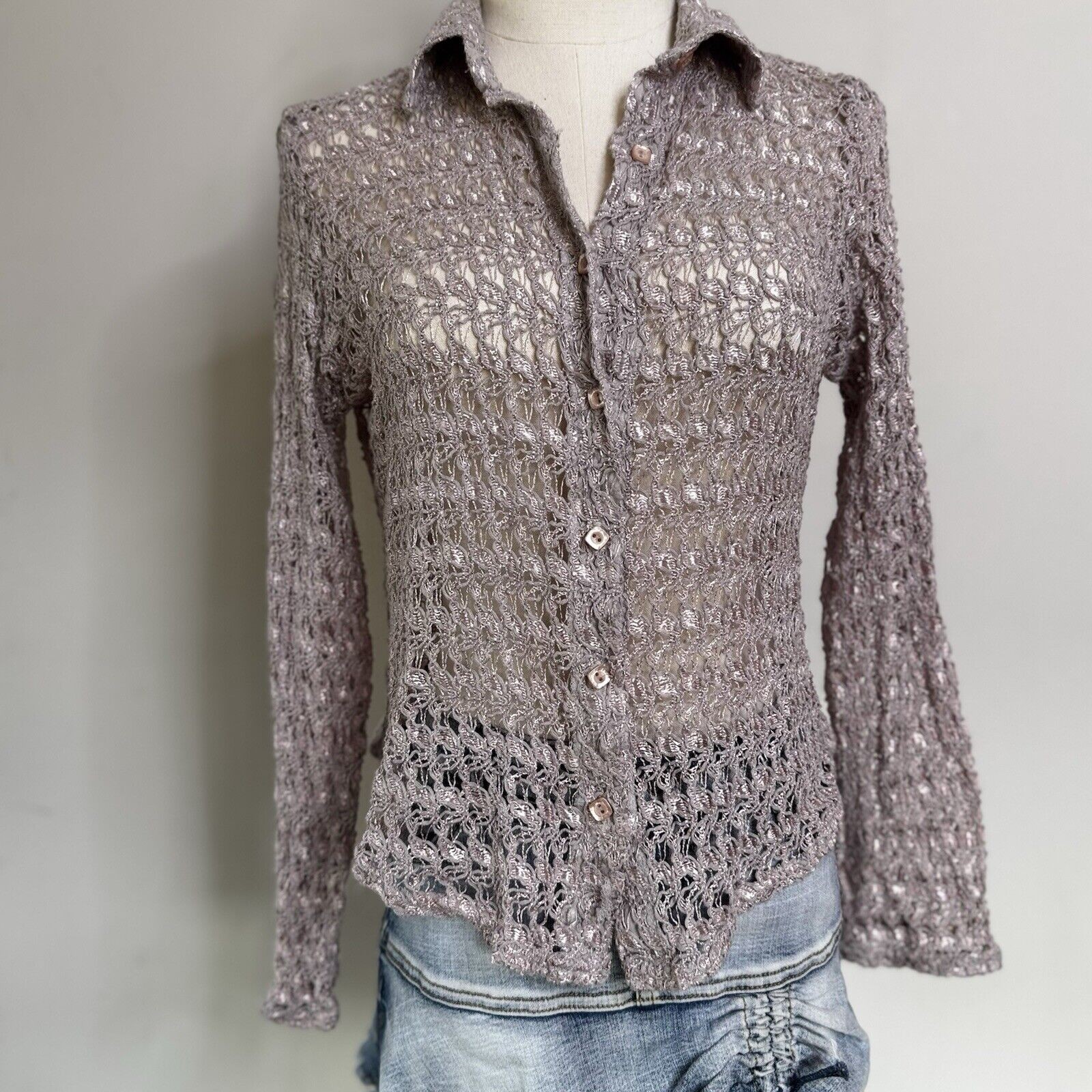 Vintage 90s Metallic Pink Crochet Button Up Top Indie Grunge Fairy M