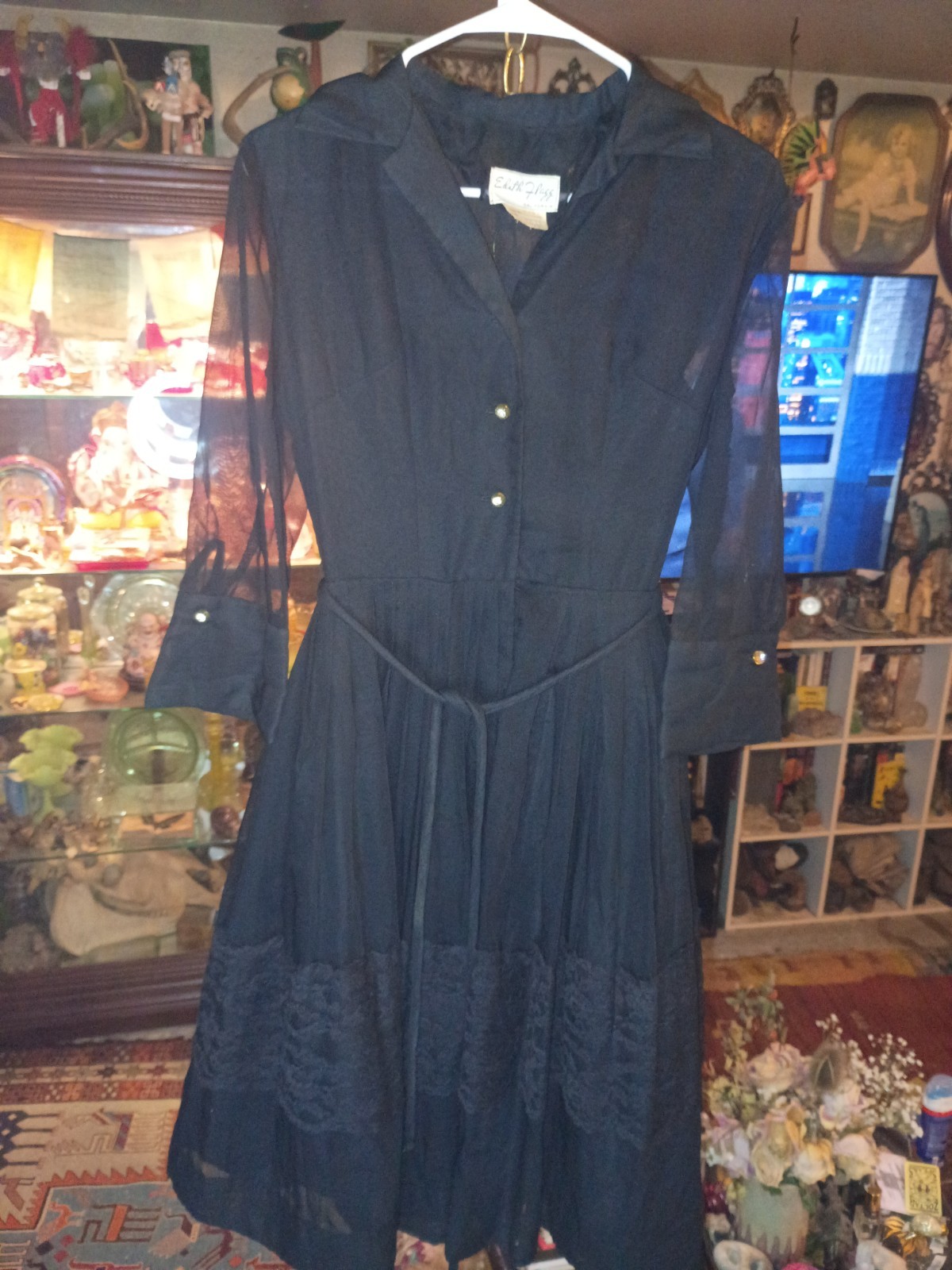 Vintage 60s Edith Flagg Dress Womens S Black Mesh Taffeta Tulle