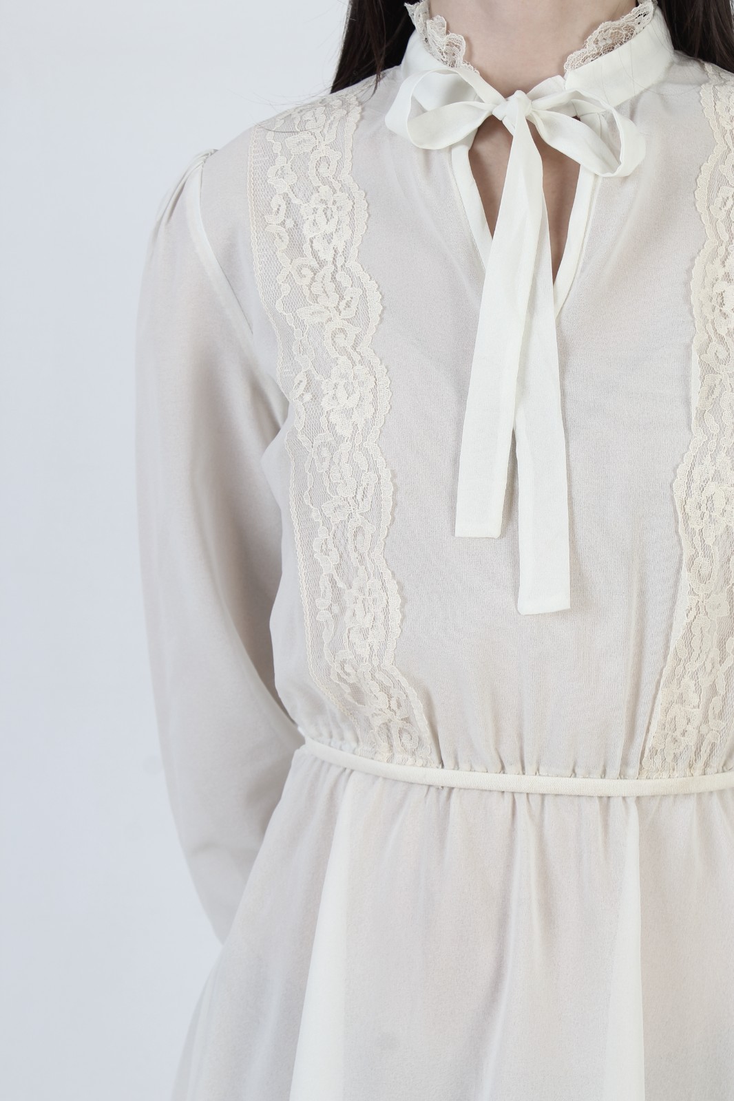 Vintage Sheer Cream Secretary Dress Cocktail Party Plain Monochrome Knee Length