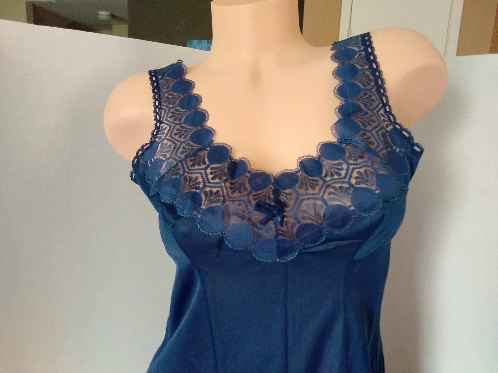 Vintage 60’s Full Slip Dress Chemise European Wide Strap Navy Blue Lace S-M