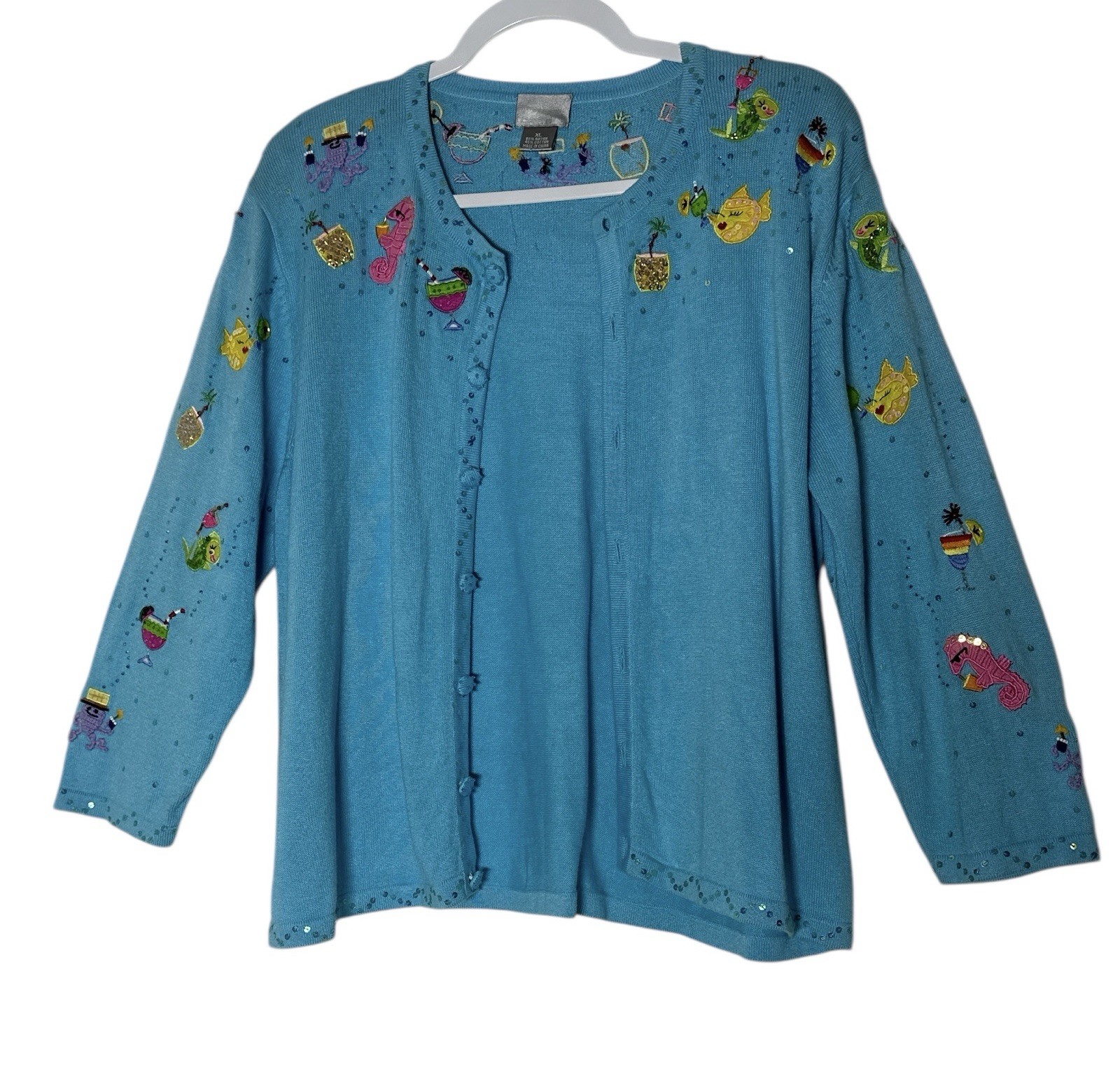 BEREK Sweater Cardigan Top Women’s XL Beaded Beach Fish Embroidered Resort
