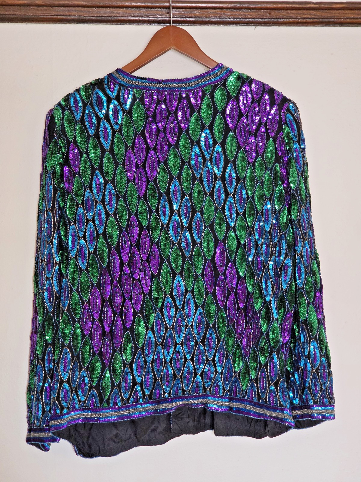 Vintage LAURENCE KAZAR Beaded Sequin Silk Jacket sz 1X Purple Blue Green Peacock