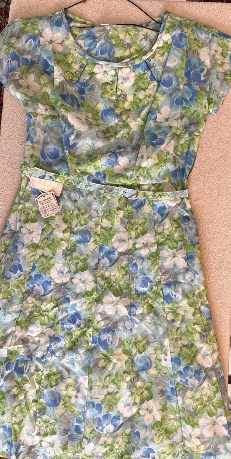 Vintage 50’s Watercolor Floral Dress Dacron Poly Belted Peep Cutouts Rhinestones