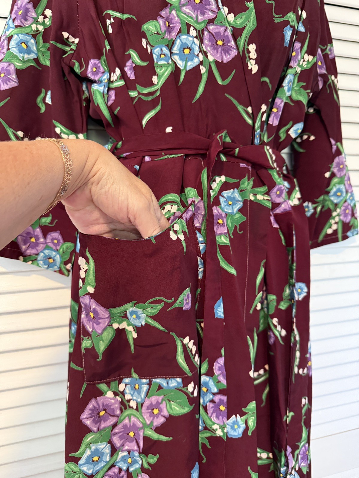 VTG 1940S Old Hollywood Deco Cold Rayon Floral Print Dressing Gown Robe Dress M