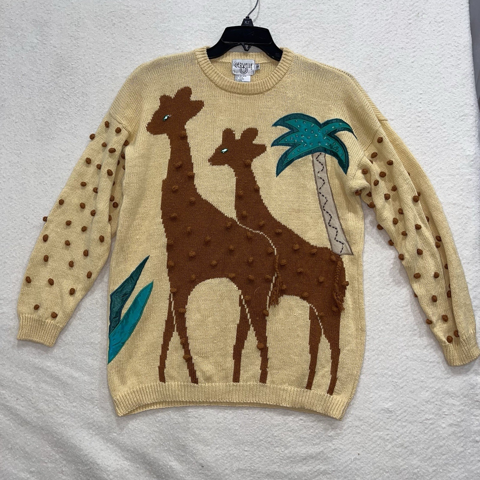 Vintage 80s Cervelle Giraffe Africa Safari Pom Pom Palm Tree Novelty Sweater M