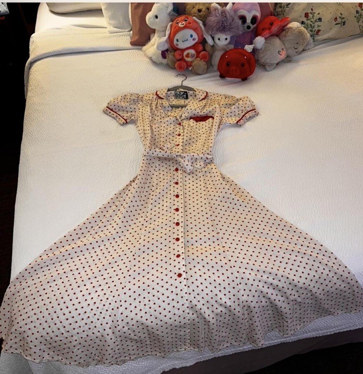 Foxy Lady SF Vintage 50s-Inspired Heart Polkadot Dress W/ Sash 70s Era Sz 3/4