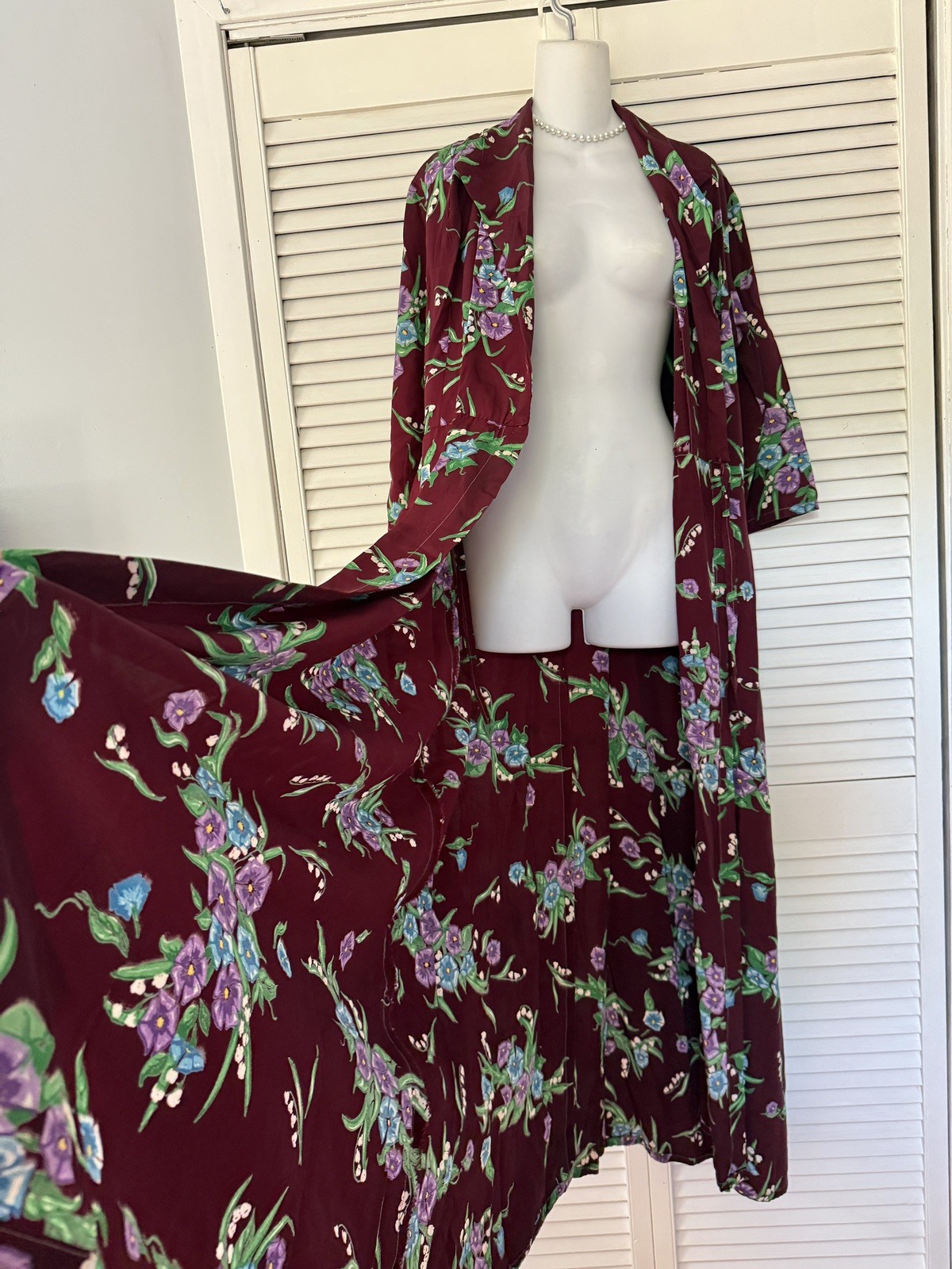 VTG 1940S Old Hollywood Deco Cold Rayon Floral Print Dressing Gown Robe Dress M