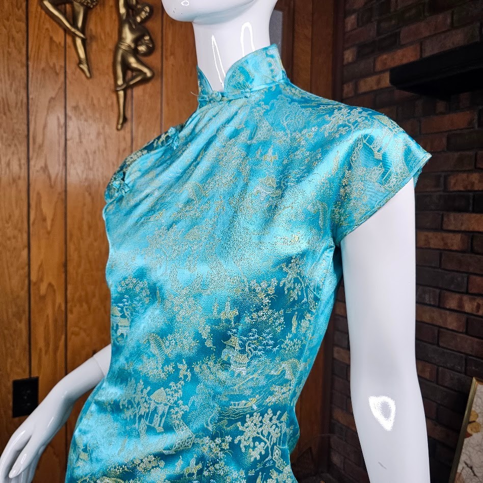 Vtg 60s Aqua Blue Gold Brocade Cheongsam Qipao Evening Cocktail Party Dress XS/S