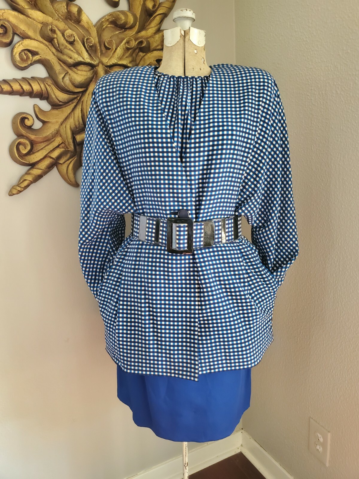 VTG 80’S GALANOS BLUE + BLACK CHECK AVANT GARDE VOLUPT 5 PC SKIRT SUIT SET XL 43