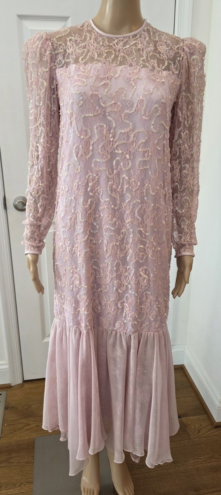 Elegant 80s Vintage Jessica McClintock Pink Lace and Sequin Maxi Dress