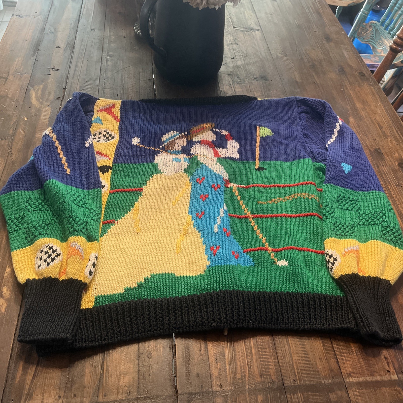 Rare Berek Vintage 1989 Multicolor Hand Knit Sweater Sz Small Golf theme Cute