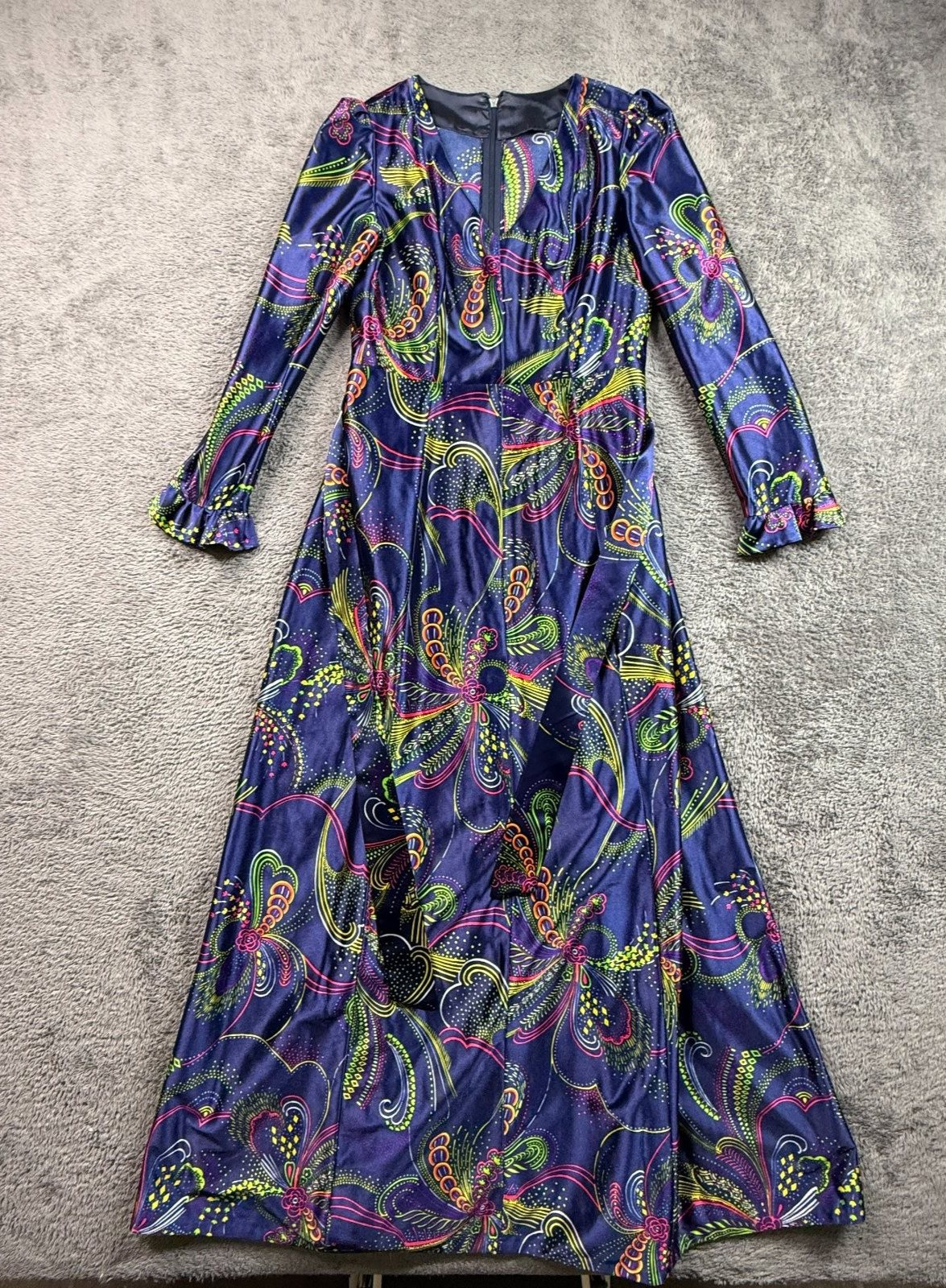 Vintage 70s 80s Psychedelic Op Art Neon Maxi Dress Navy Blue Bell Cuff S/M