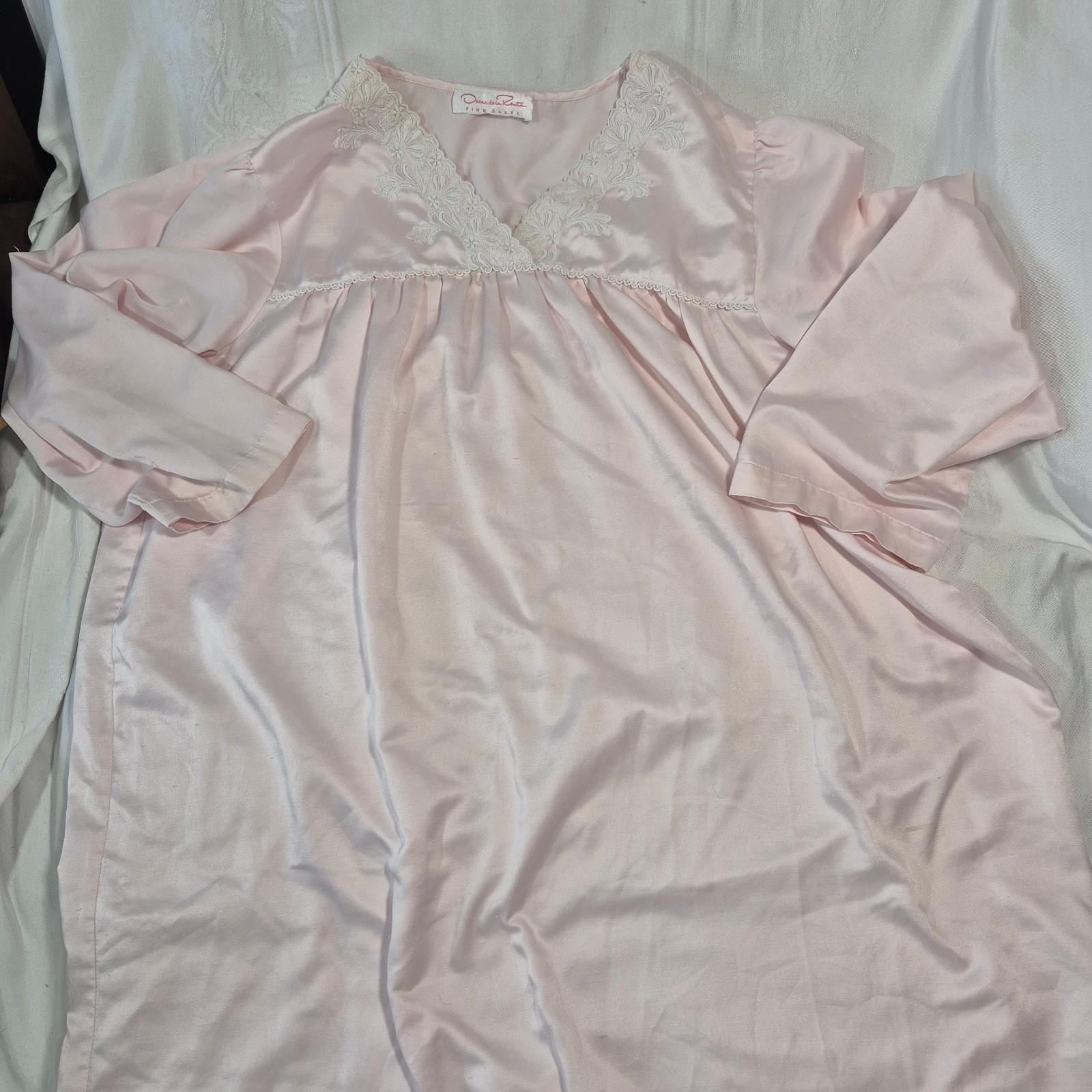 VTG Oscar de la Renta Nightgown PINK Satin Lace Embroidery Grannycore LARGE