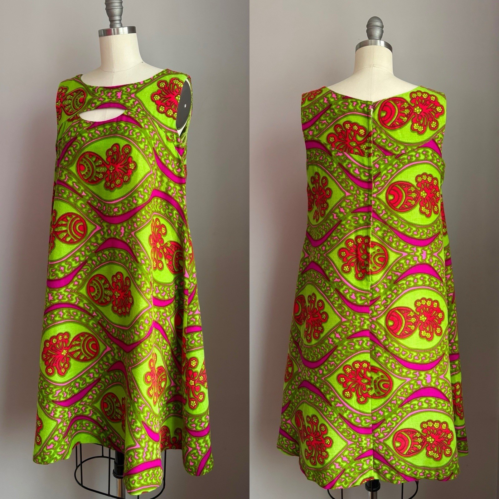 Vintage 1960’s Mod Lime Green & Hot Pink Groovy Print Shift Sun Dress S/M