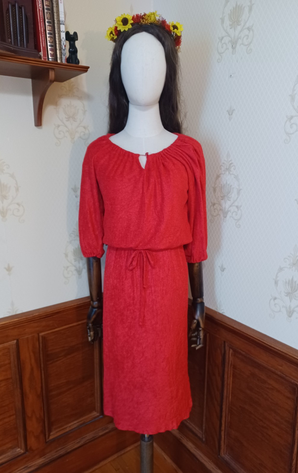 Vintage 1960s/1970s Red Terrycloth Puff Sleeve Boho Hippie Hostess Midi Dress
