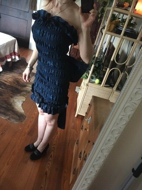 True Vintage 1980s L A Glo Shimmery Midnight Blue Stretch Tube Dress w/Big Bow