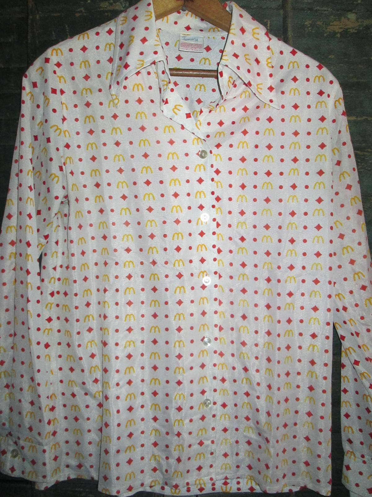 Ladies 14 M/L Vtg 1970s 1976 McDonald’s AOP Print all over employee disco shirt