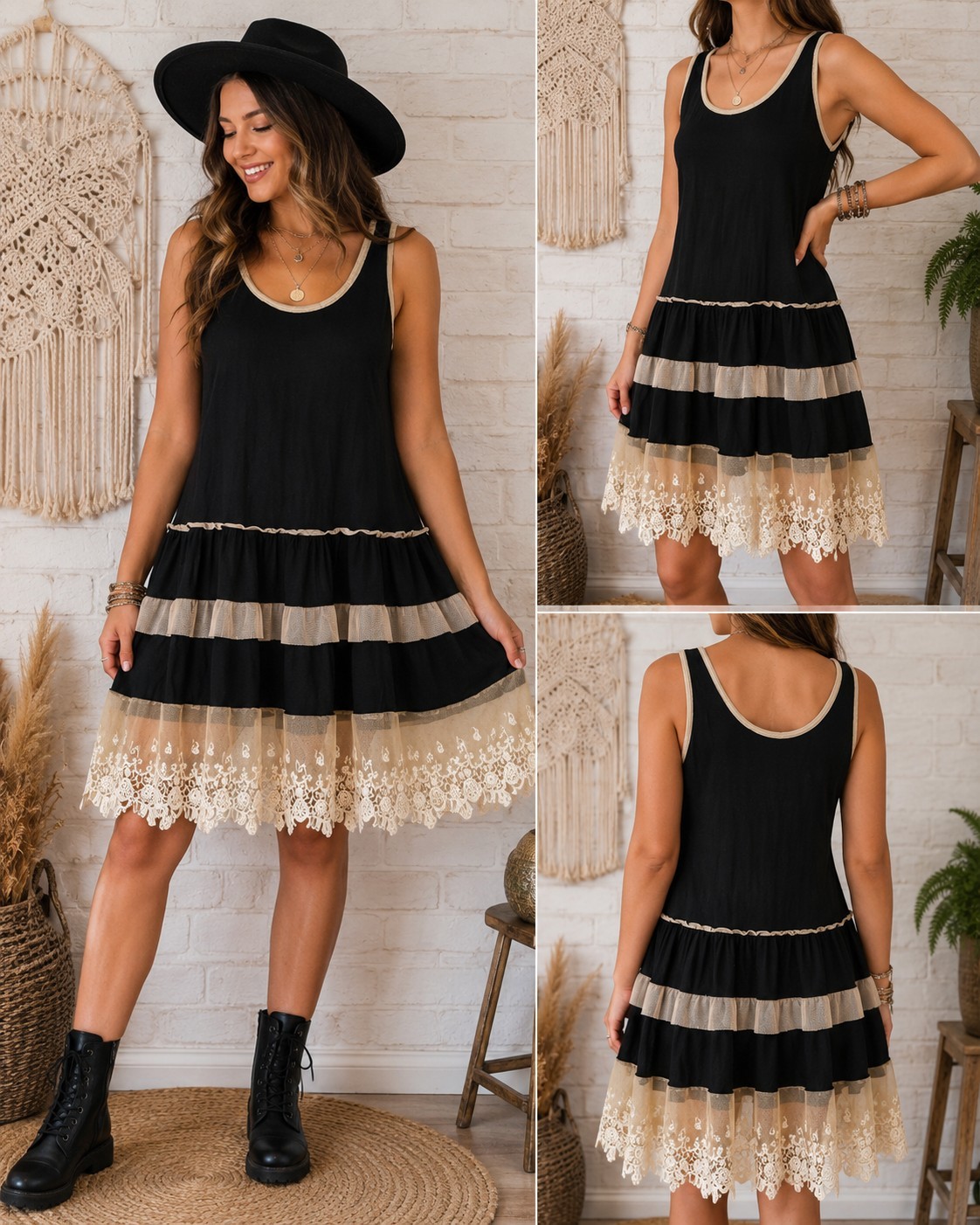 Gypsy Soul Lace Tank Dress M Black Ivory Lace Boho Cottagecore Lagenlook Vintage